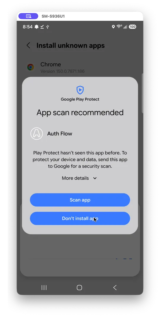 Google Play Protect "App scan recommended" dialog for Auth Flow, with Scan app and Don't install app options