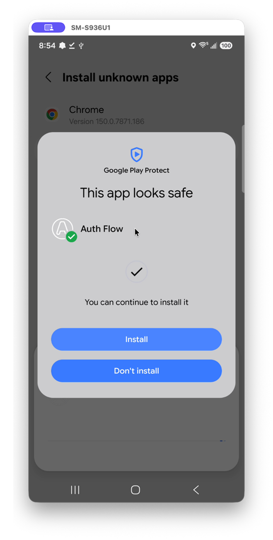 Google Play Protect "This app looks safe" dialog for Auth Flow, with Install and Don't install options