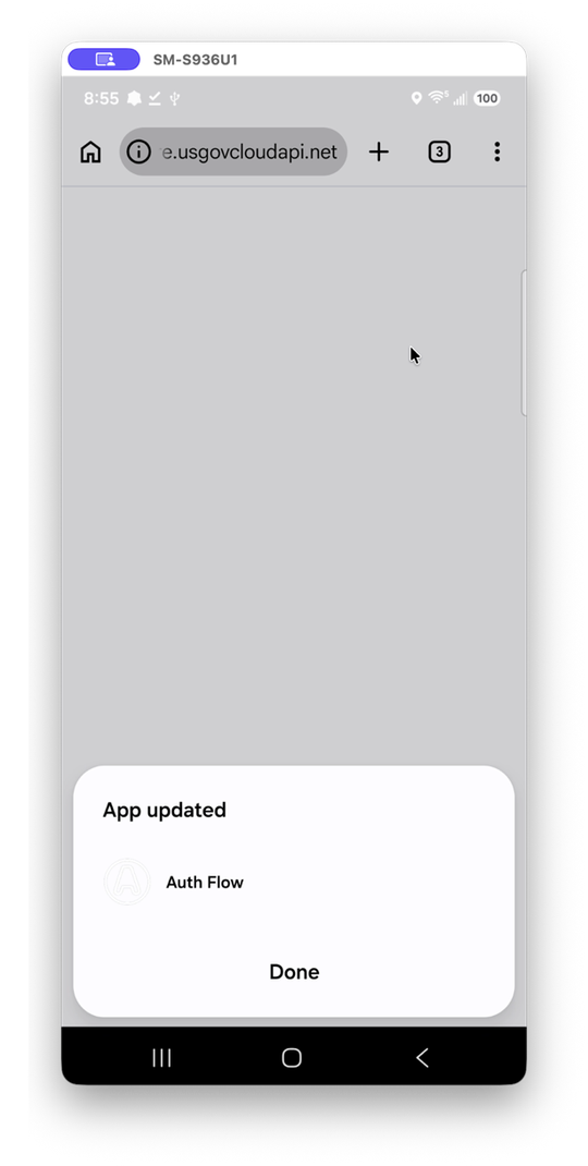 "App updated" dialog for Auth Flow with a Done button