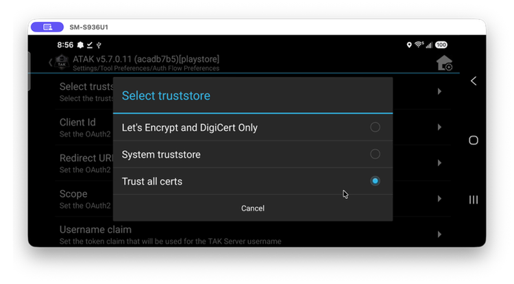 Select truststore dialog with Let's Encrypt and DigiCert Only, System truststore, and Trust all certs options, Trust all certs selected