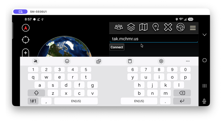 ATAK server connection field with tak.mchmr.us entered and a Connect button