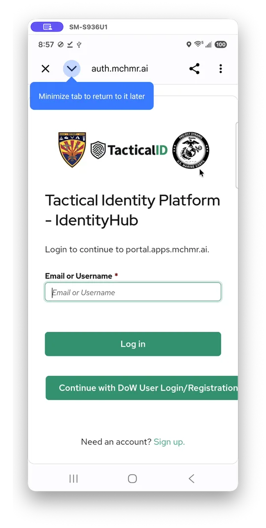 Tactical ID / IdentityHub login page at auth.mchmr.ai prompting for Email or Username