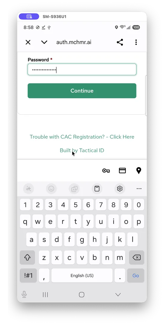 Tactical ID login page prompting for Password, with a Continue button and a Trouble with CAC Registration link