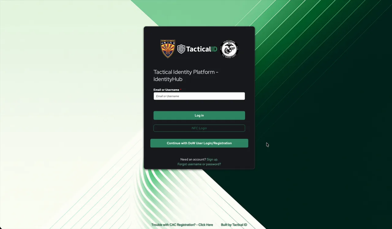 Tactical ID login screen — click "Sign up." to start this flow