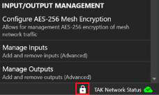 Input/Output Management preferences showing Configure AES-256 Mesh Encryption and the encrypted network status lock