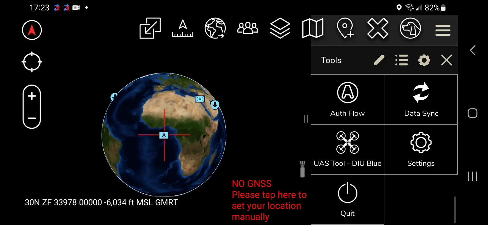 ATAK Tools panel with the UAS Tool plugin icon among Auth Flow, Data Sync, and Settings