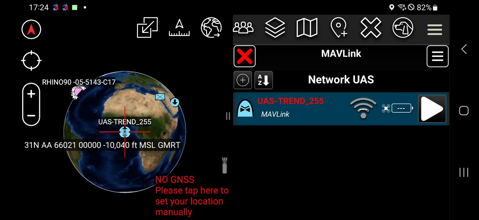 MAVLink Network UAS list showing UAS-TREND_255 connected, with the Play button highlighted