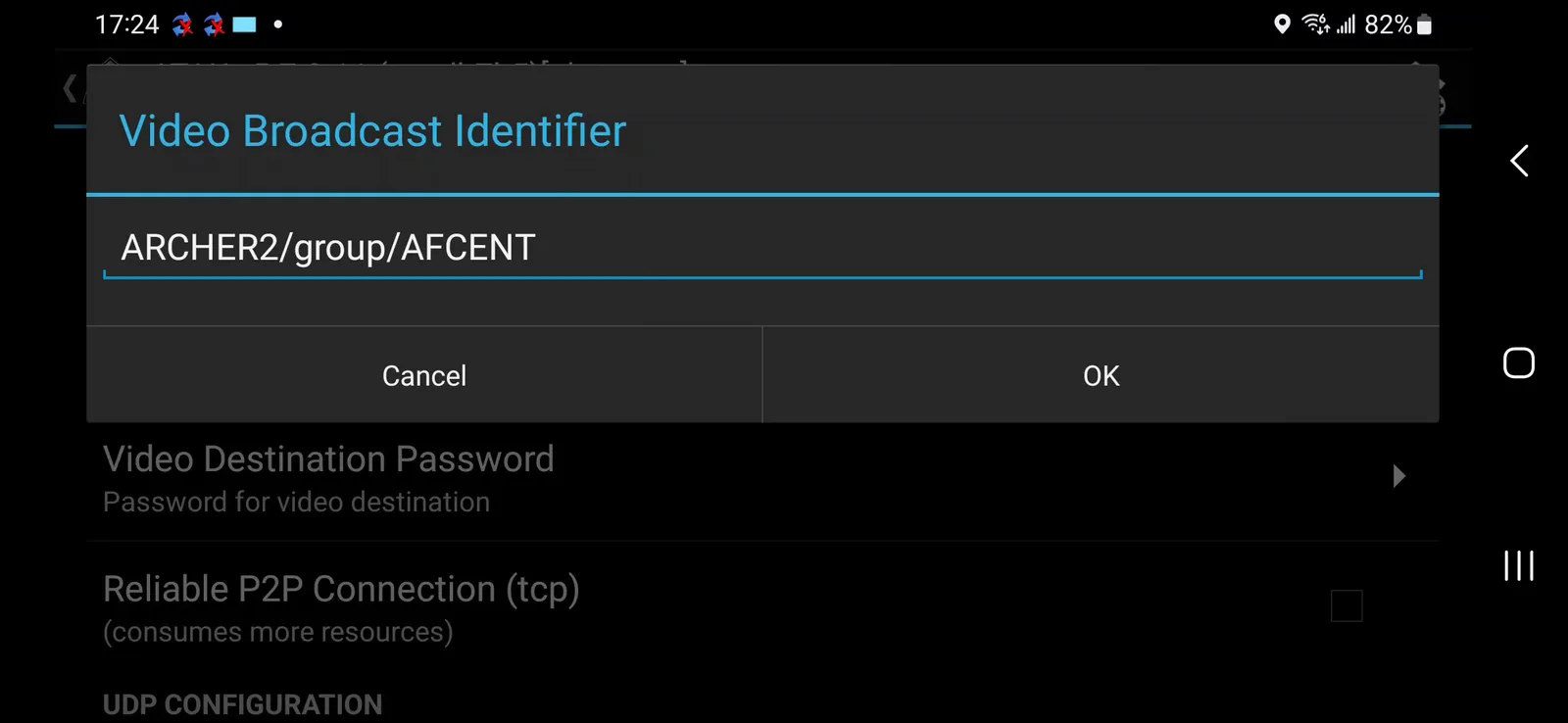Video Broadcast Identifier field showing ARCHER2/group/AFCENT