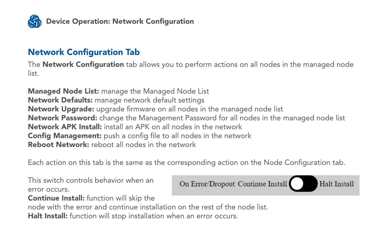 On Error/Dropout switch — Continue Install vs. Halt Install