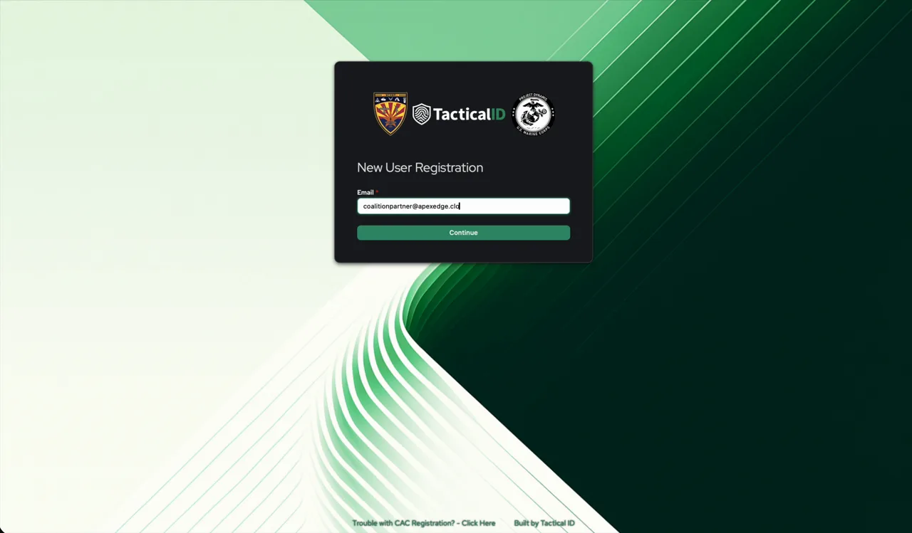 New User Registration — enter a non-DoD email to route into Coalition Partner Registration