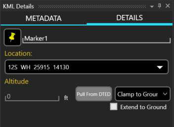 KML Details panel DETAILS tab for a placemark, with icon, name, location, altitude mode and Extend to Ground