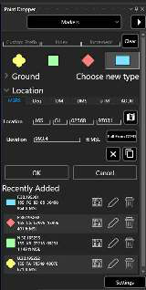 Point Dropper panel with affiliation swatches, Location entry, Custom Prefix/Index fields and the Recently Added list