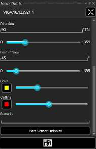 Sensor Details panel with Direction, Field of View, color, outline and remarks controls