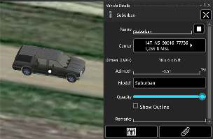 To-scale 3D vehicle model on the map with its details panel open