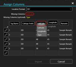 Assign Columns window used to clarify location formats and marker types during a .csv import