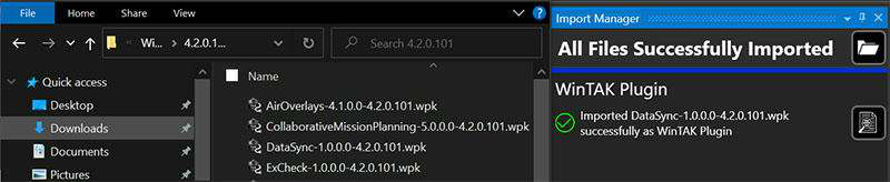 WPK file dragged from Windows File Explorer into WinTAK, with the Import Manager reporting all files successfully imported