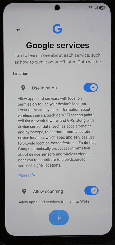 Google services screen with Use location and Allow scanning toggled on