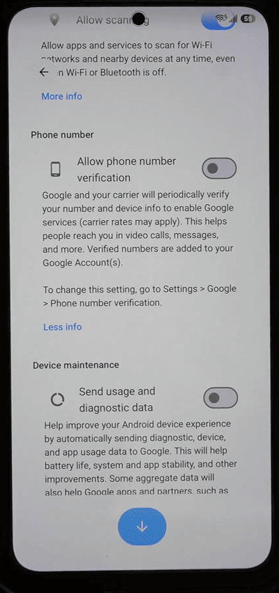 Google services screen scrolled down further, showing Allow phone number verification and Send usage and diagnostic data both left off