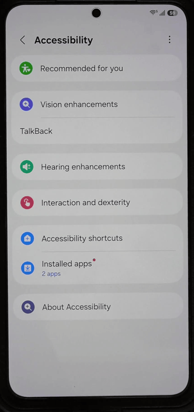 Accessibility settings menu with Accessibility shortcuts and Installed apps listed