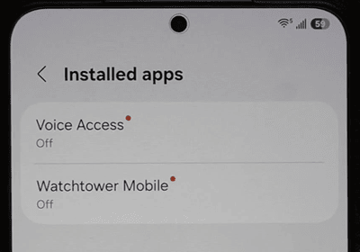 Installed apps screen listing Voice Access and Watchtower Mobile, both off