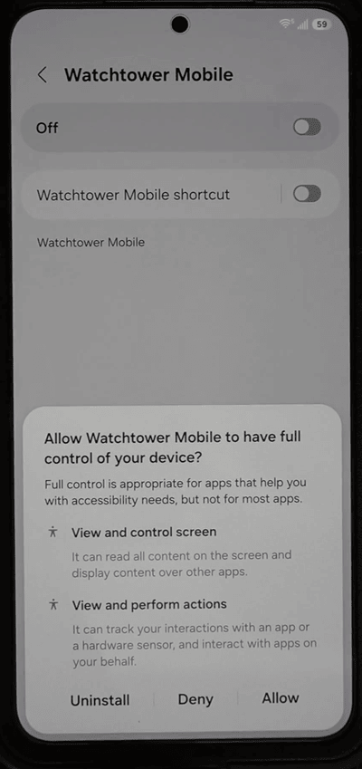 Allow Watchtower Mobile to have full control of your device dialog with Uninstall, Deny, and Allow options