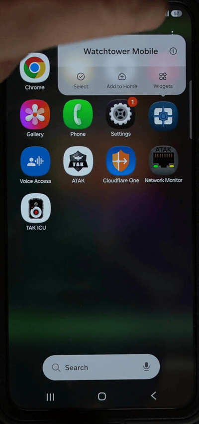 App drawer context menu with Watchtower Mobile, Select, Add to Home, and Widgets options after long-pressing the icon