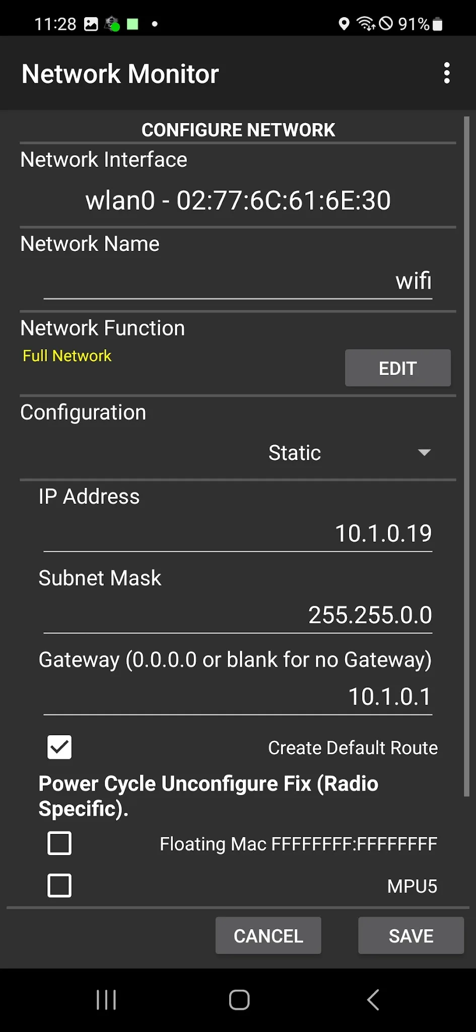 Network Monitor's main screen showing both Network1 (10.223.0.5, eth0) and wifi (10.1.0.19, wlan0) listed as active with green outlines