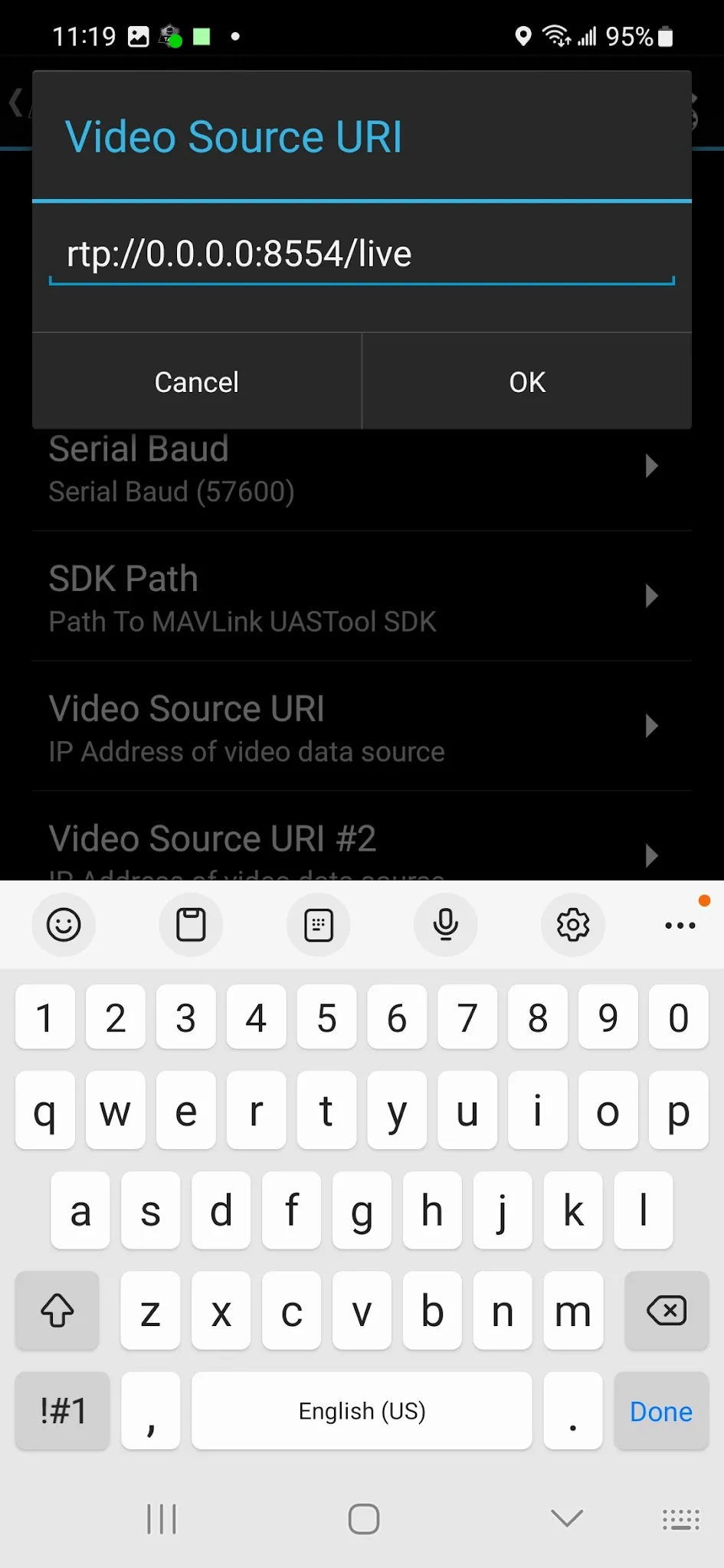 UAS Tool's Video Source URI field, set to rtp://0.0.0.0:8554/live, with the on-screen keyboard open