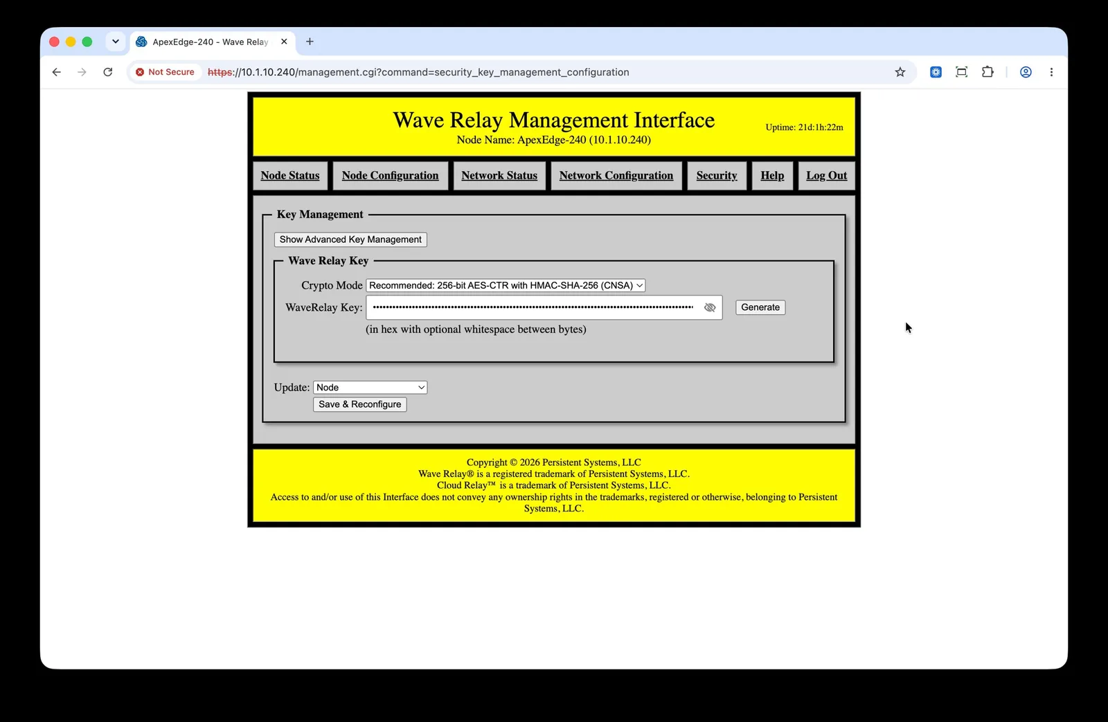 Key Management screen showing Crypto Mode, a masked WaveRelay Key field with a reveal icon and Generate button, an Update scope dropdown, and a Save &amp; Reconfigure button
