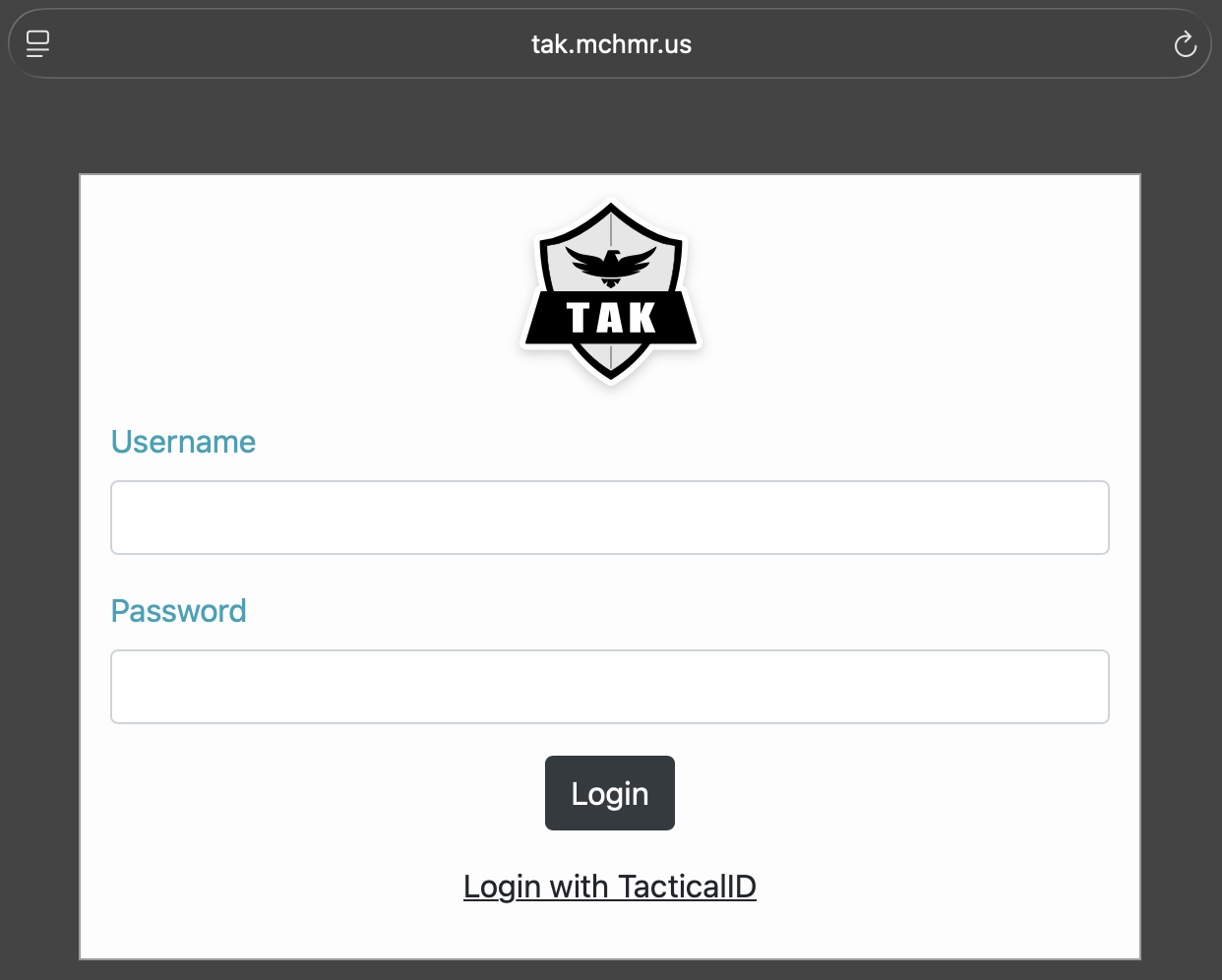 WebTAK login screen — select Login with TacticalID rather than entering a username and password directly