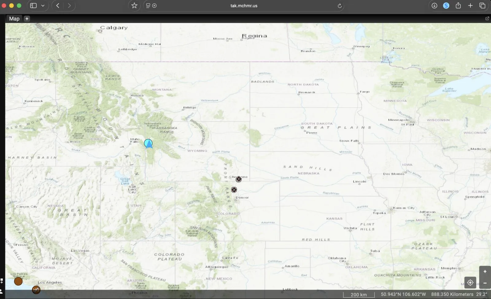 WebTAK map view after loading, showing tracks and markers across the map