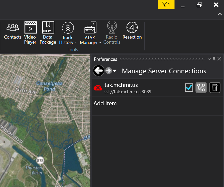 Step 7 - Manage Server Connections showing tak.mchmr.us with a red icon while enrollment is pending