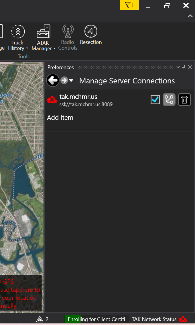 Step 8 - Status bar showing "Enrolling for Client Certifi..." next to TAK Network Status