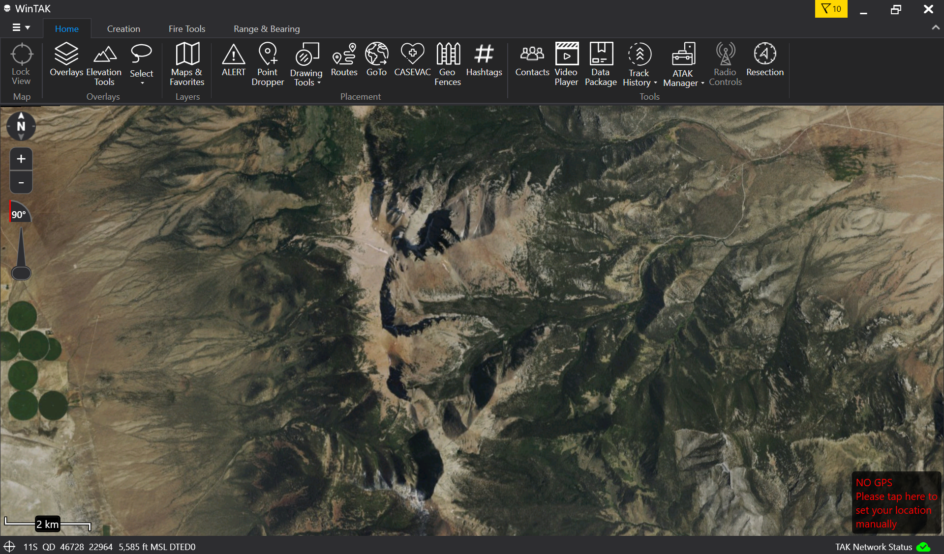 WinTAK map with the red NO GPS warning in the bottom-right corner